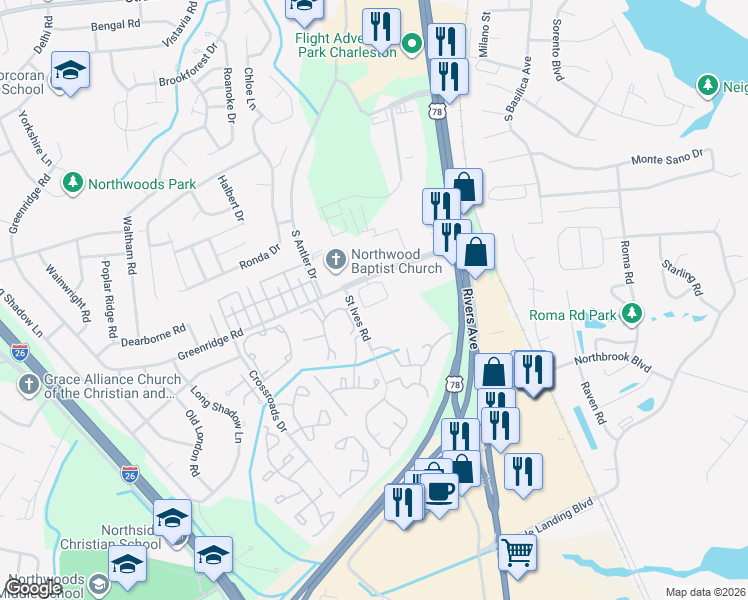 map of restaurants, bars, coffee shops, grocery stores, and more near 2215 Greenridge Road in North Charleston