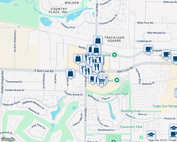 map of restaurants, bars, coffee shops, grocery stores, and more near 3701 Belt Line Road in Addison