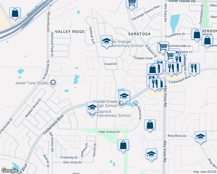 map of restaurants, bars, coffee shops, grocery stores, and more near 12400 Dogwood Springs Drive in Keller