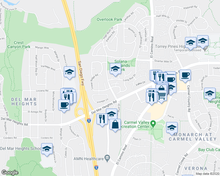 map of restaurants, bars, coffee shops, grocery stores, and more near High Bluff Dr & Lower Ridge Rd in San Diego