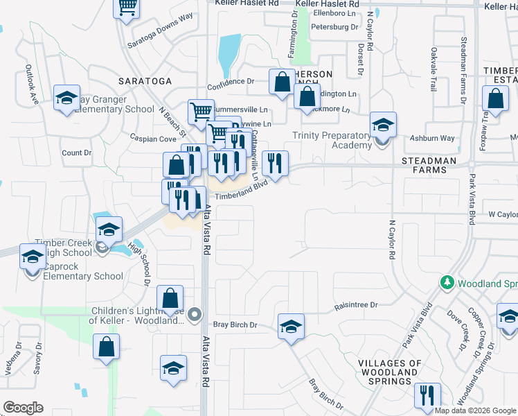 map of restaurants, bars, coffee shops, grocery stores, and more near 12416 Angel Food Lane in Fort Worth