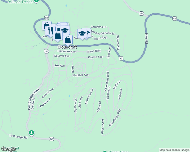 map of restaurants, bars, coffee shops, grocery stores, and more near 801 Panther Avenue in Cloudcroft