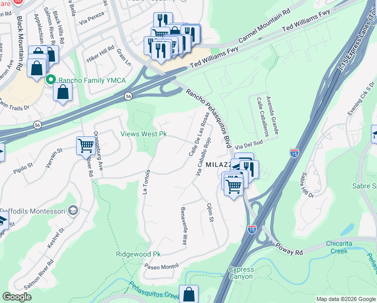 map of restaurants, bars, coffee shops, grocery stores, and more near 12969 Via Del Valedor in San Diego
