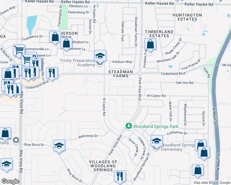 map of restaurants, bars, coffee shops, grocery stores, and more near 12504 Oakbrook Lane in Keller