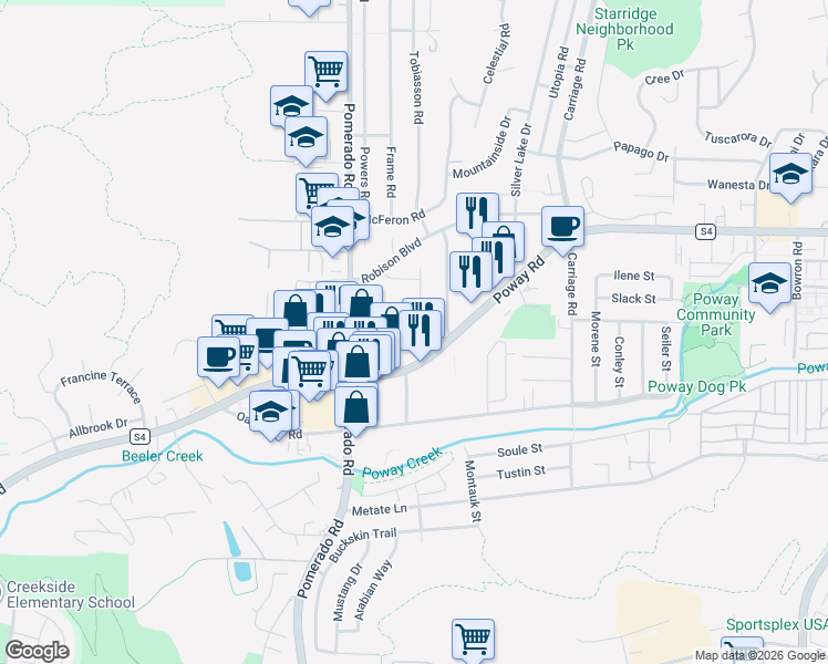 map of restaurants, bars, coffee shops, grocery stores, and more near 12443 Danes Road in Poway
