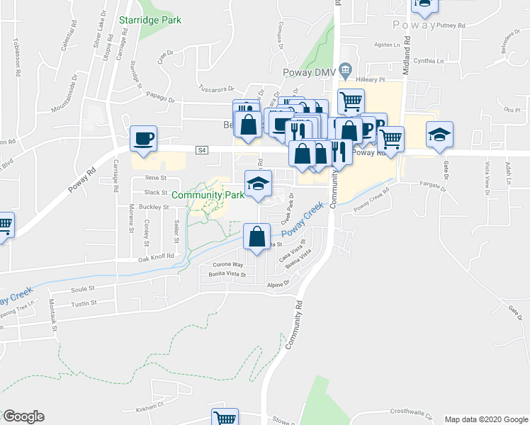 map of restaurants, bars, coffee shops, grocery stores, and more near 13226 Creek Park Ln in Poway