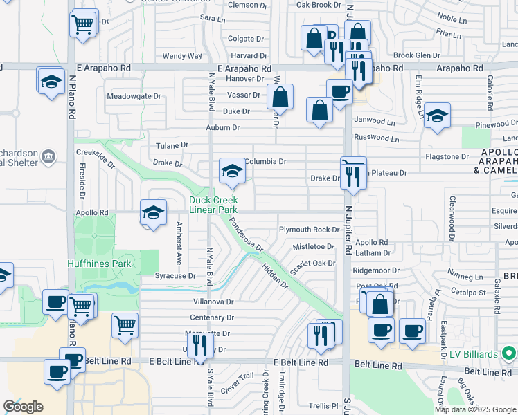 map of restaurants, bars, coffee shops, grocery stores, and more near 1901 Apollo Road in Richardson