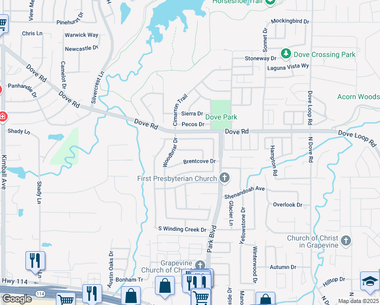 map of restaurants, bars, coffee shops, grocery stores, and more near 2133 Sandell Drive in Grapevine