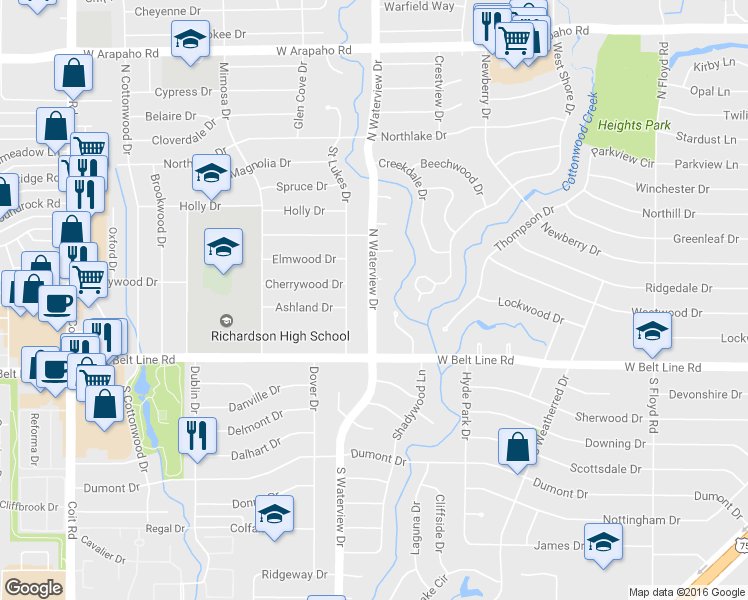 map of restaurants, bars, coffee shops, grocery stores, and more near 208 North Waterview Drive in Richardson