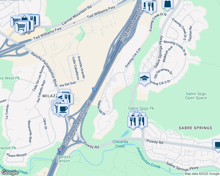 map of restaurants, bars, coffee shops, grocery stores, and more near 10858 Sabre Hill Drive in San Diego