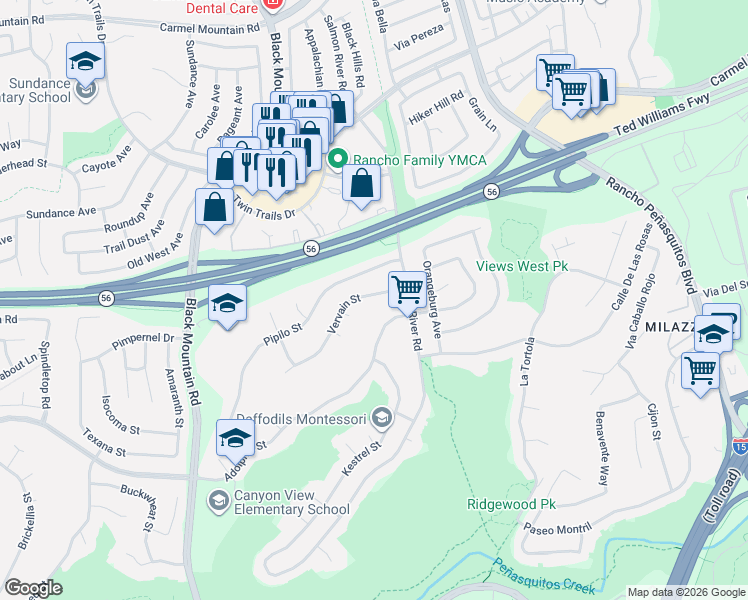map of restaurants, bars, coffee shops, grocery stores, and more near 9581 Vervain Street in San Diego