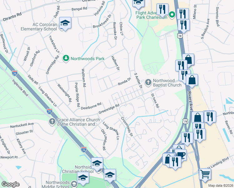 map of restaurants, bars, coffee shops, grocery stores, and more near 8153 Ramsgate Road in North Charleston