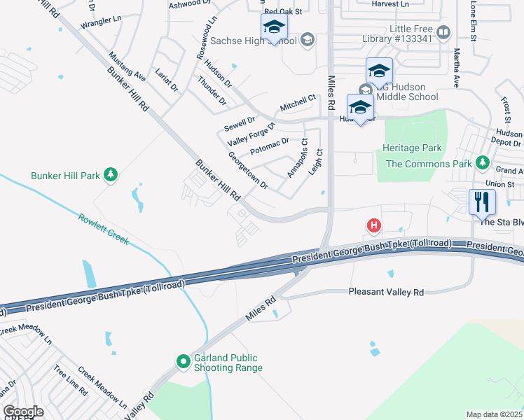 map of restaurants, bars, coffee shops, grocery stores, and more near 3713 Remington Court in Sachse