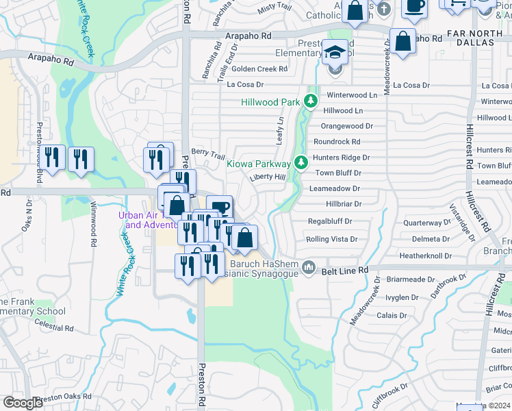 map of restaurants, bars, coffee shops, grocery stores, and more near 15132 Berry Trail in Dallas