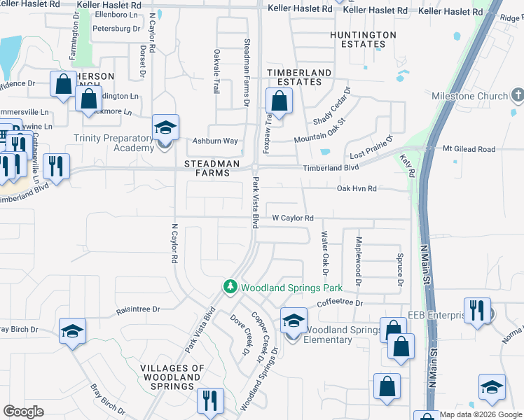 map of restaurants, bars, coffee shops, grocery stores, and more near 5125 West Caylor Road in Fort Worth