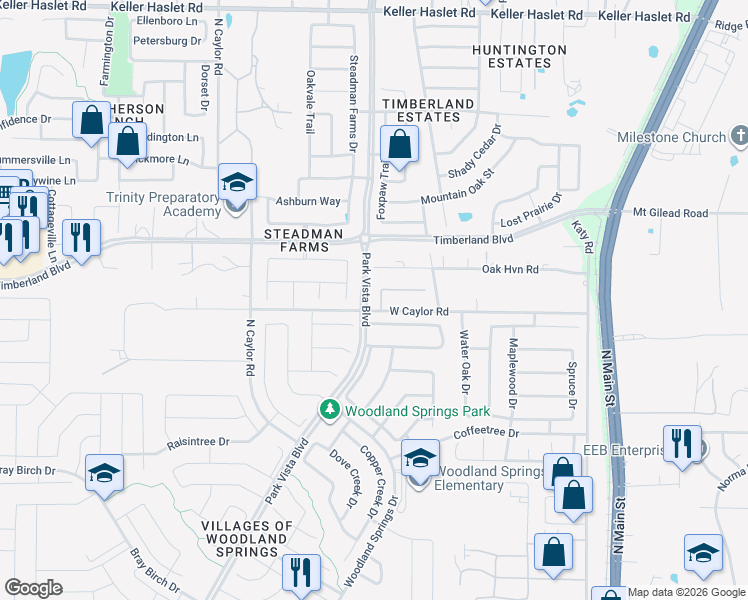 map of restaurants, bars, coffee shops, grocery stores, and more near 5125 West Caylor Road in Fort Worth