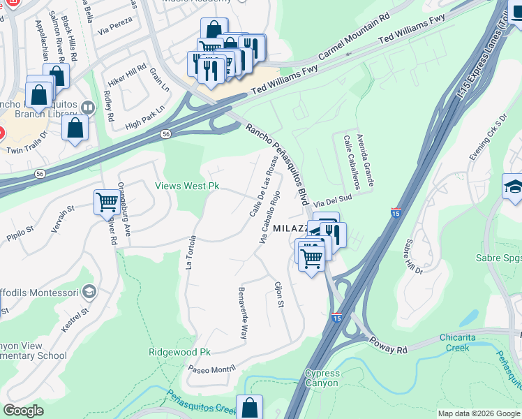 map of restaurants, bars, coffee shops, grocery stores, and more near 12979 Calle De Las Rosas in San Diego
