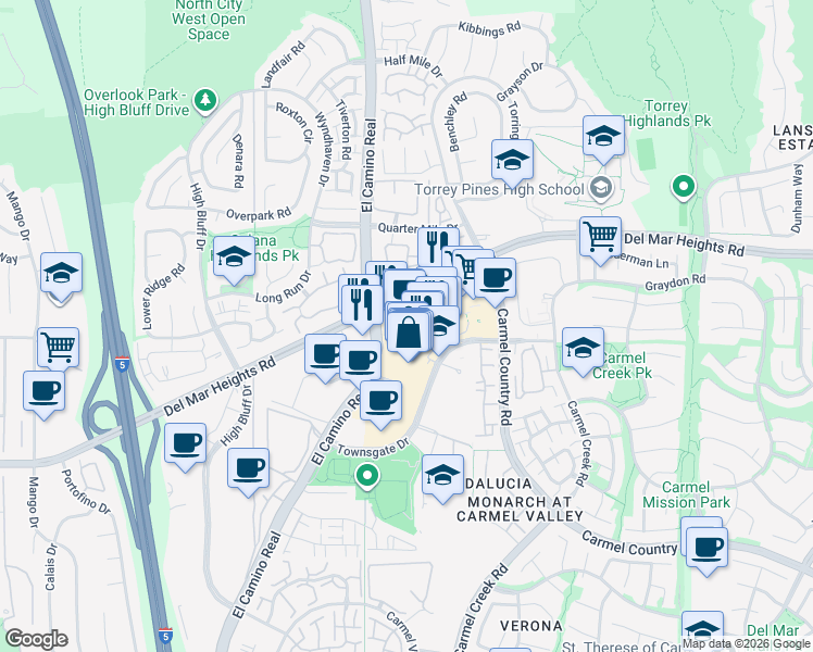 map of restaurants, bars, coffee shops, grocery stores, and more near 3435 Del Mar Heights Road in San Diego