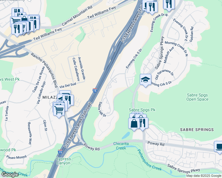 map of restaurants, bars, coffee shops, grocery stores, and more near 10858 Sabre Hill Drive in San Diego