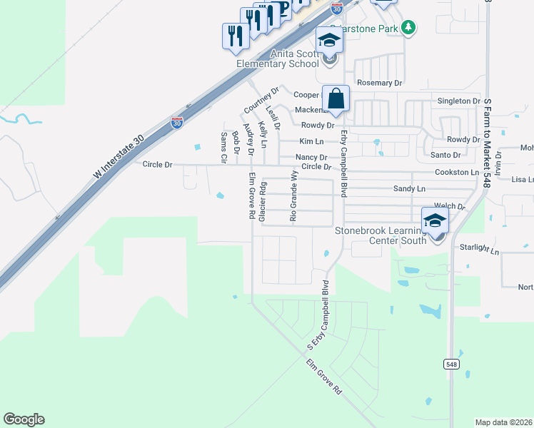 map of restaurants, bars, coffee shops, grocery stores, and more near 3432 Flatiron Drive in Royse City