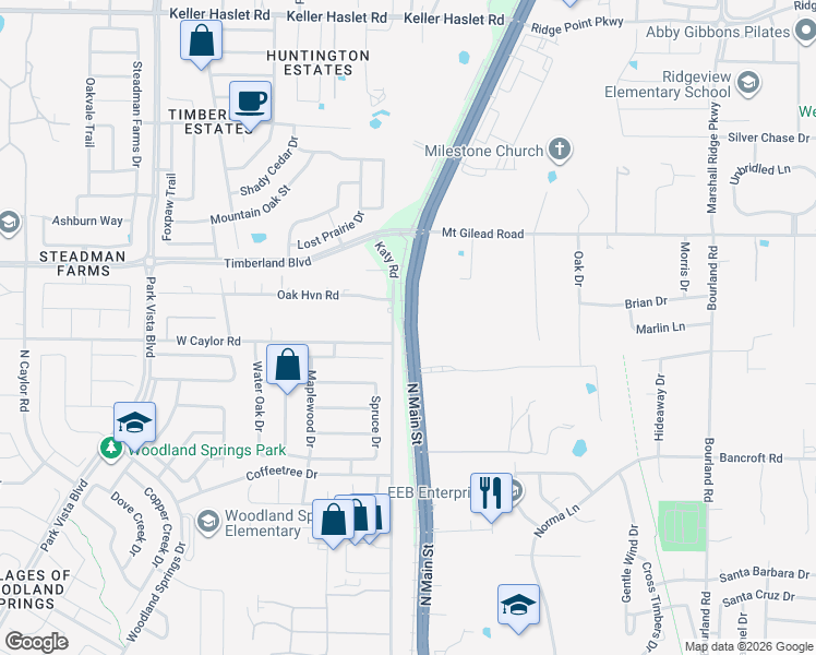 map of restaurants, bars, coffee shops, grocery stores, and more near 1002 North Main Street in Keller