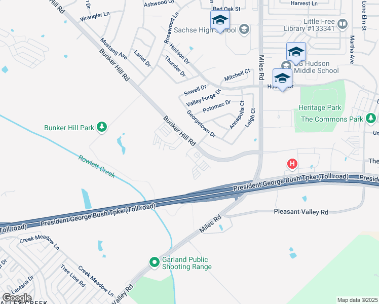 map of restaurants, bars, coffee shops, grocery stores, and more near 4201 Bunker Hill Road in Garland
