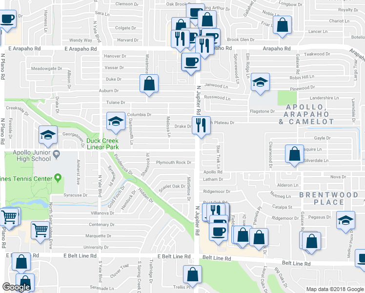 map of restaurants, bars, coffee shops, grocery stores, and more near 2109 Apollo Rd in Richardson