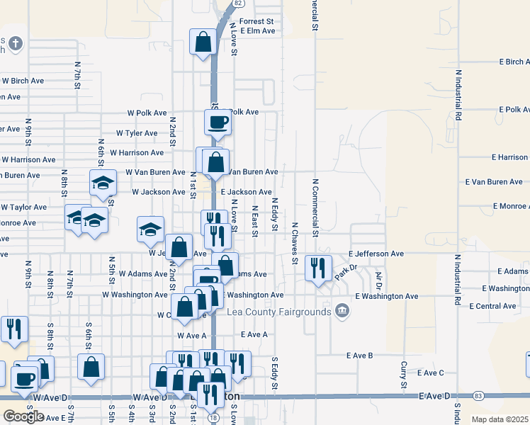 map of restaurants, bars, coffee shops, grocery stores, and more near 355 East Monroe Avenue in Lovington