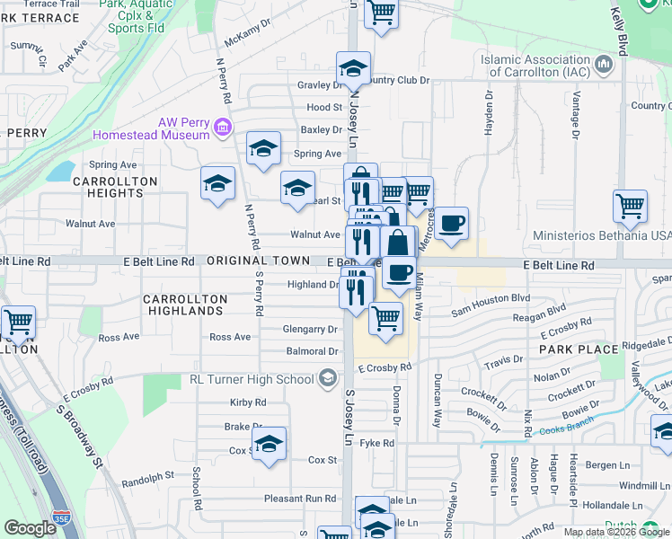map of restaurants, bars, coffee shops, grocery stores, and more near 1830 East Belt Line Road in Carrollton