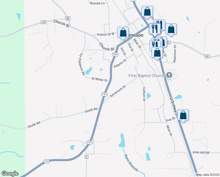 map of restaurants, bars, coffee shops, grocery stores, and more near 522 Sycamore Street in Jemison