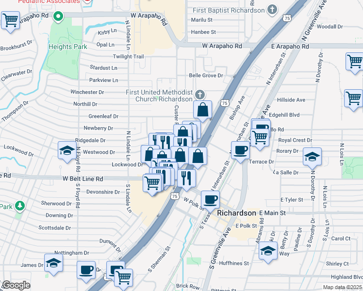 map of restaurants, bars, coffee shops, grocery stores, and more near 320 Custer Road in Richardson
