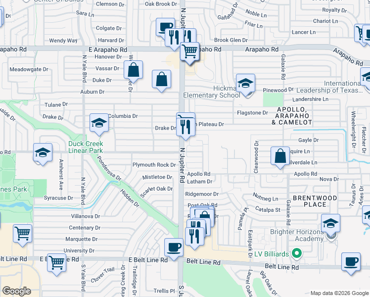 map of restaurants, bars, coffee shops, grocery stores, and more near 3425 Moonglow Drive in Garland