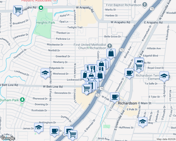 map of restaurants, bars, coffee shops, grocery stores, and more near 510 Westwood Drive in Richardson
