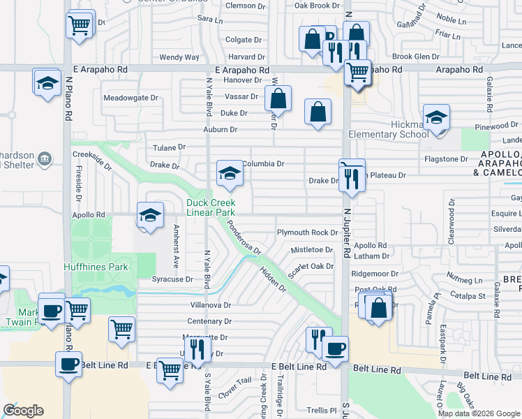 map of restaurants, bars, coffee shops, grocery stores, and more near 1901 Apollo Road in Richardson