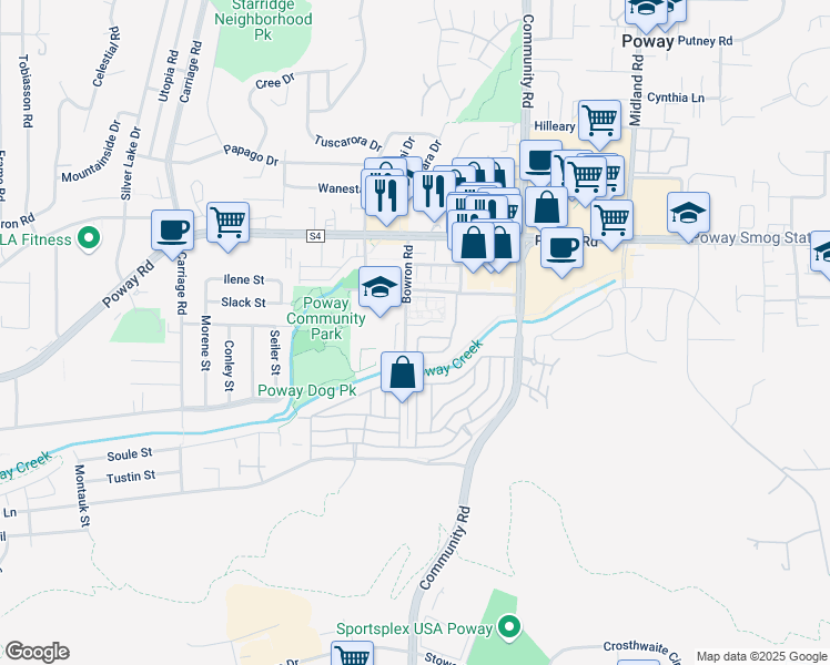 map of restaurants, bars, coffee shops, grocery stores, and more near 13232 Creek Park Lane in Poway