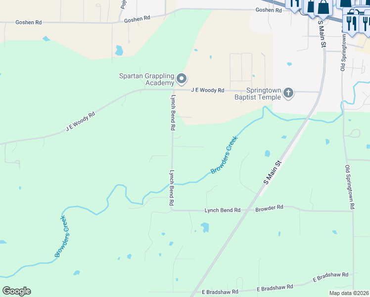 map of restaurants, bars, coffee shops, grocery stores, and more near 742 Lynch Bend Road in Springtown
