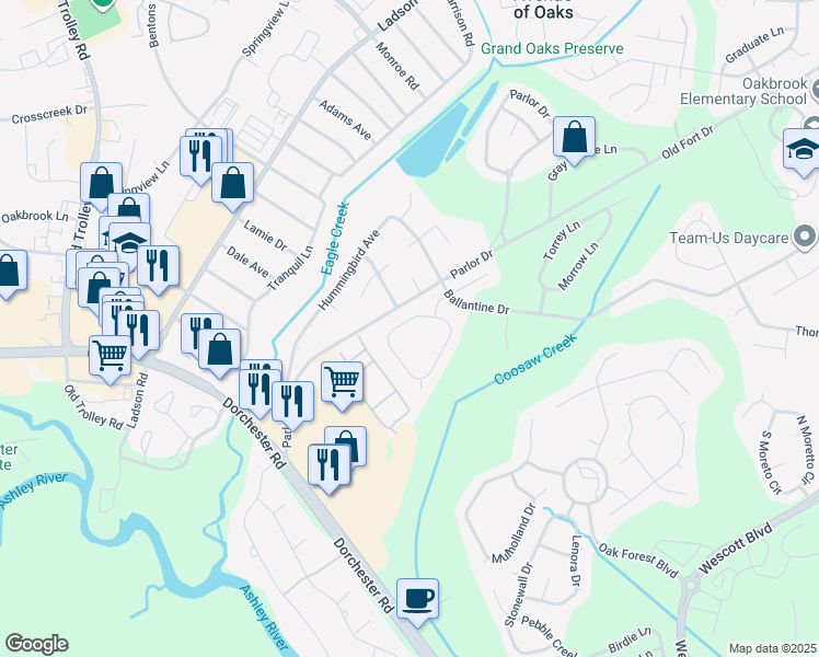 map of restaurants, bars, coffee shops, grocery stores, and more near 5221 Copley Circle in Summerville