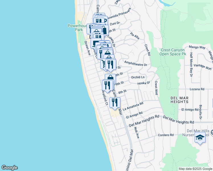 map of restaurants, bars, coffee shops, grocery stores, and more near 232 9th Street in Del Mar