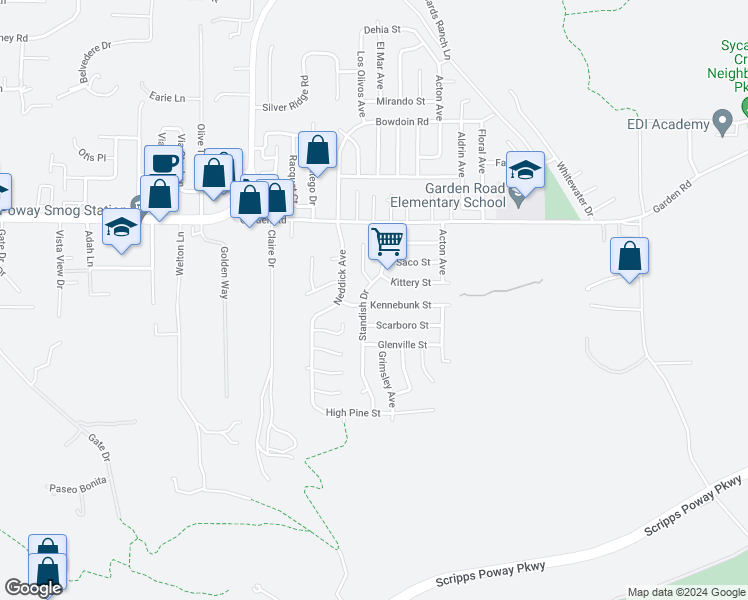 map of restaurants, bars, coffee shops, grocery stores, and more near 14508 Kennebunk Street in Poway