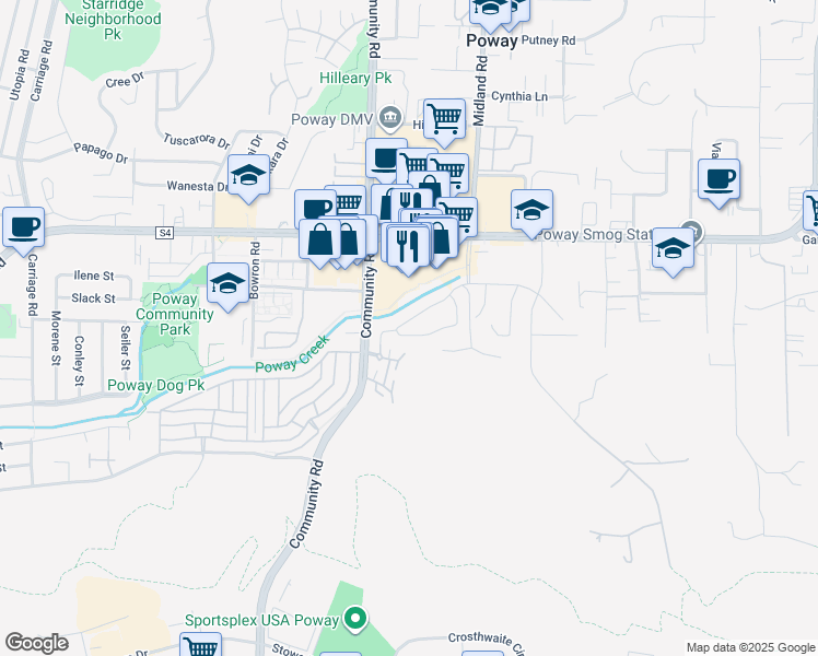 map of restaurants, bars, coffee shops, grocery stores, and more near 13455 Poway Creek Road in Poway