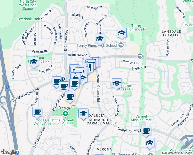 map of restaurants, bars, coffee shops, grocery stores, and more near 12730 Carmel Country Road in San Diego
