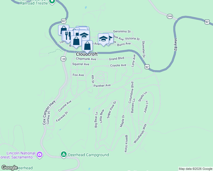 map of restaurants, bars, coffee shops, grocery stores, and more near 600 Panther Ave in Cloudcroft