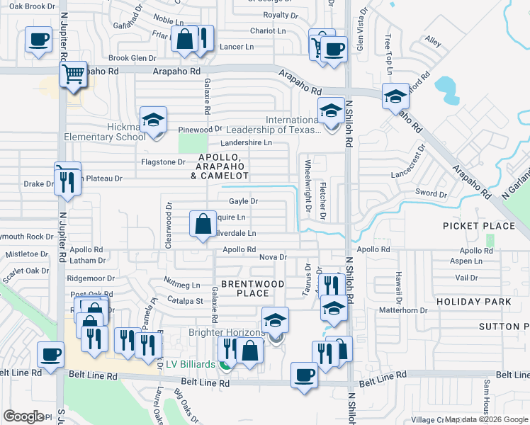 map of restaurants, bars, coffee shops, grocery stores, and more near 2805 Esquire Ln in Garland
