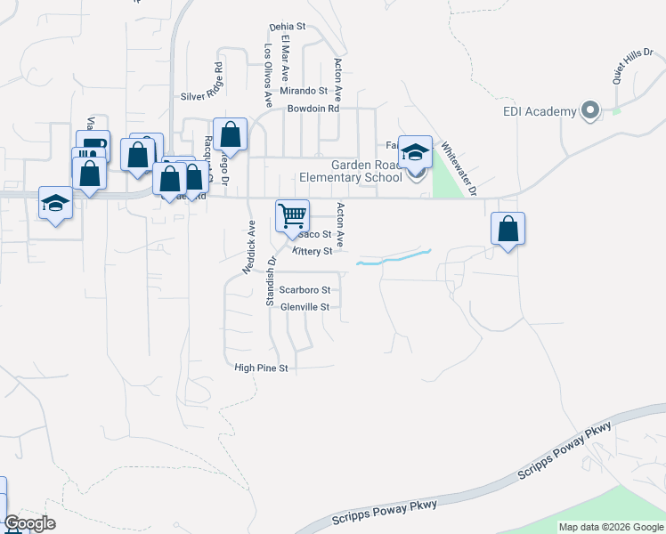 map of restaurants, bars, coffee shops, grocery stores, and more near 14574 Kennebunk Street in Poway