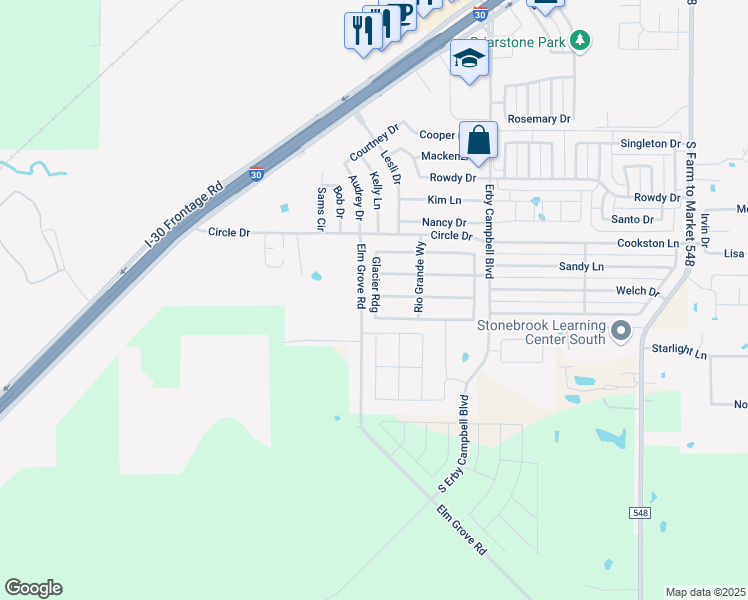 map of restaurants, bars, coffee shops, grocery stores, and more near 1556 Glacier Ridge in Royse City