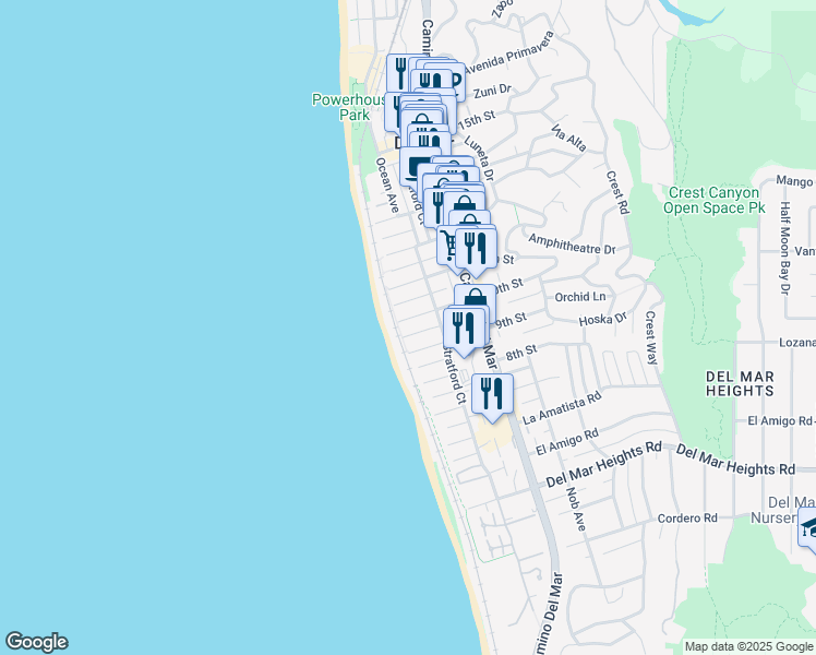 map of restaurants, bars, coffee shops, grocery stores, and more near 111 10th Street in Del Mar