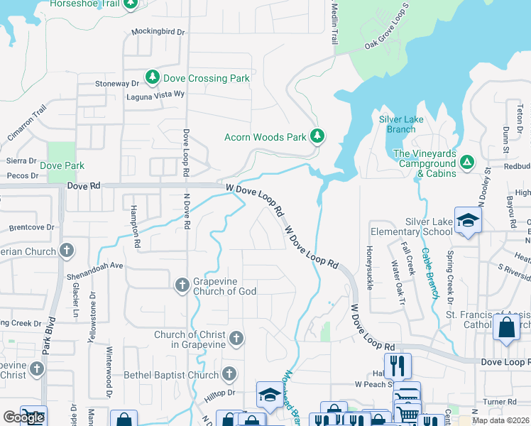 map of restaurants, bars, coffee shops, grocery stores, and more near 1265 Canyon Lake in Grapevine