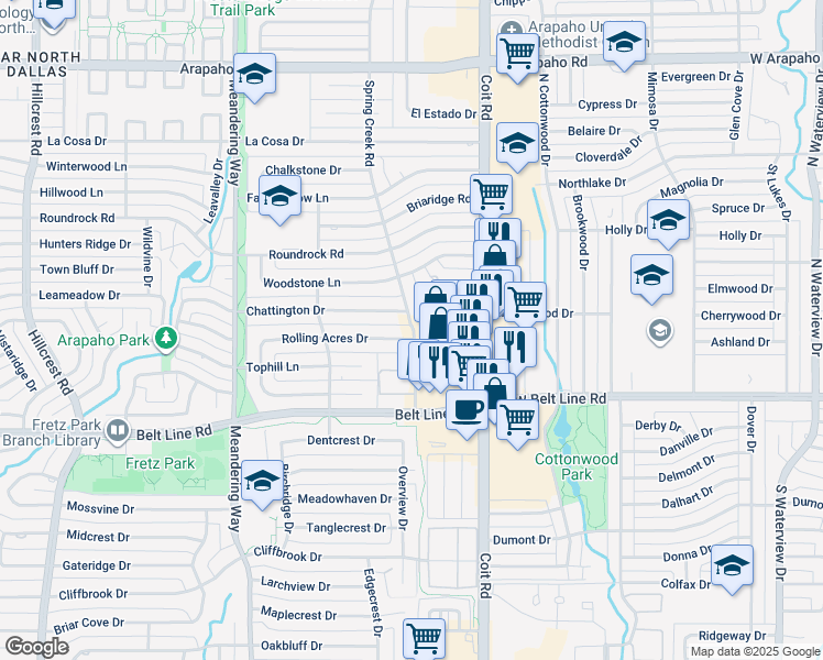 map of restaurants, bars, coffee shops, grocery stores, and more near 14933 Spring Creek Road in Dallas