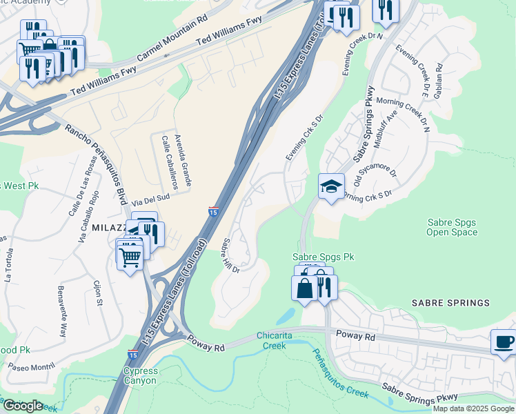 map of restaurants, bars, coffee shops, grocery stores, and more near 10858 Sabre Hill Drive in San Diego