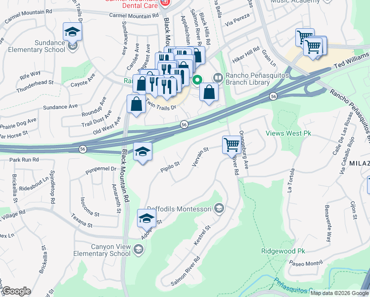 map of restaurants, bars, coffee shops, grocery stores, and more near 9470 Pipilo Street in San Diego